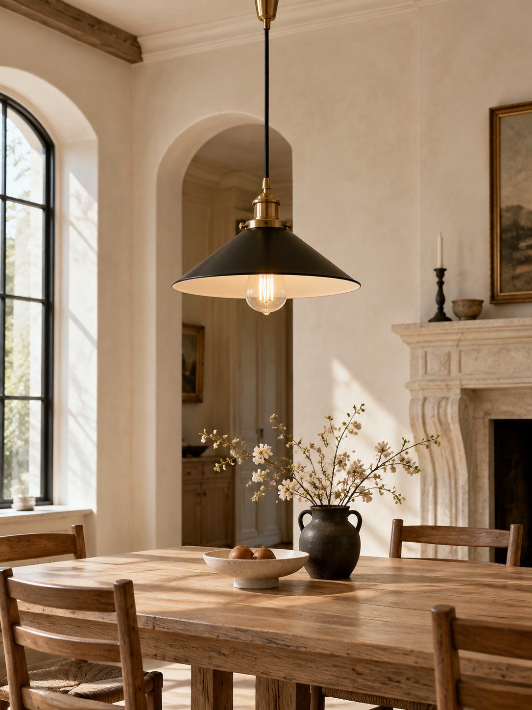 Een volledige hanglamp boven een eiken tafel bij daglicht.