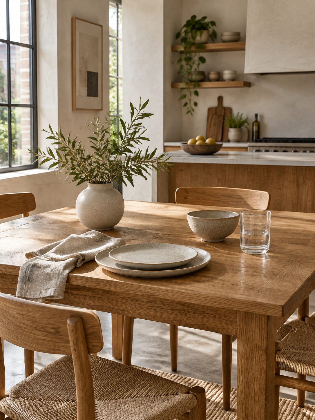 Servies op een eiken tafel bij daglicht.