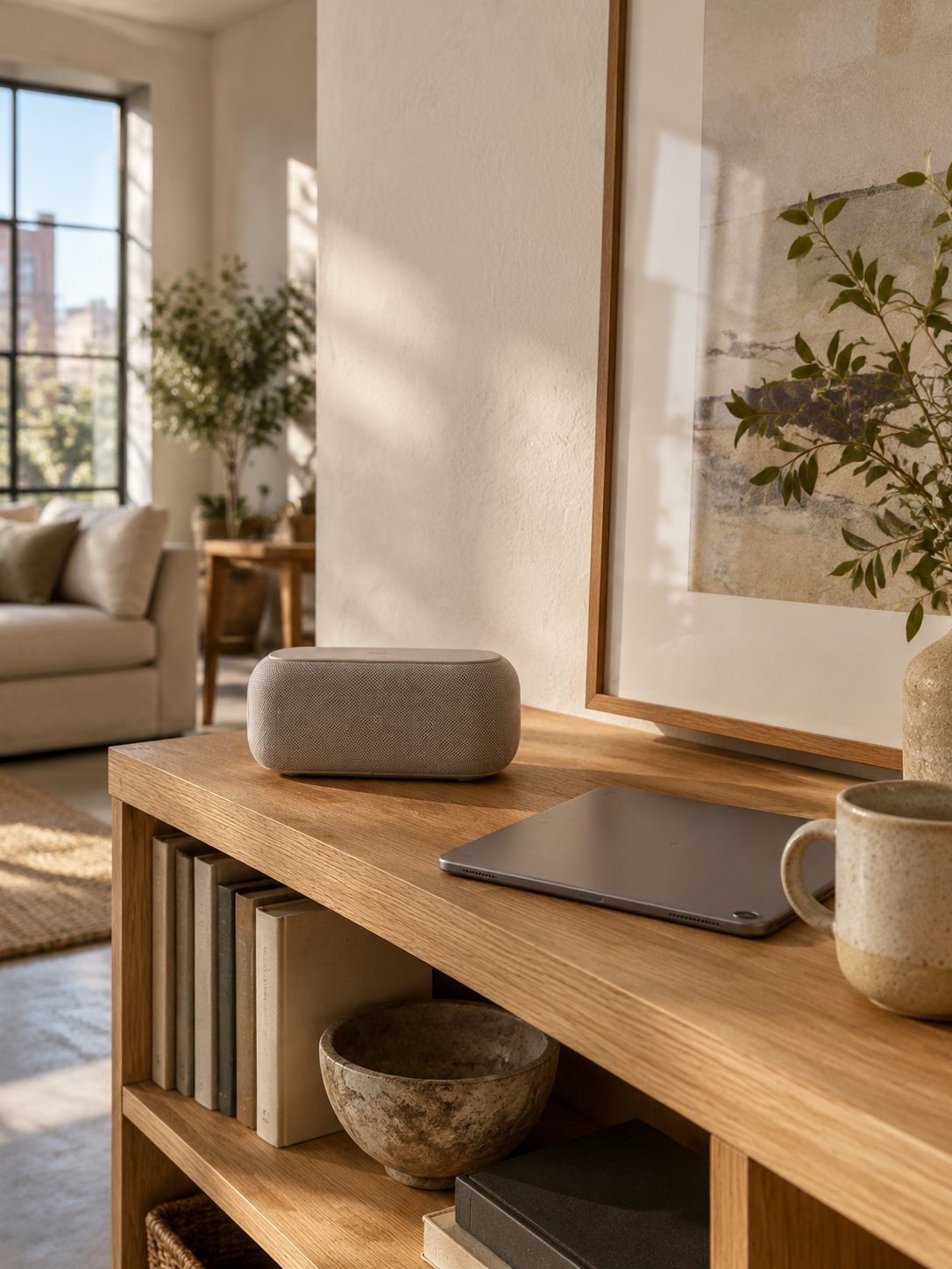 Een kleine speaker op een eiken plank bij daglicht.