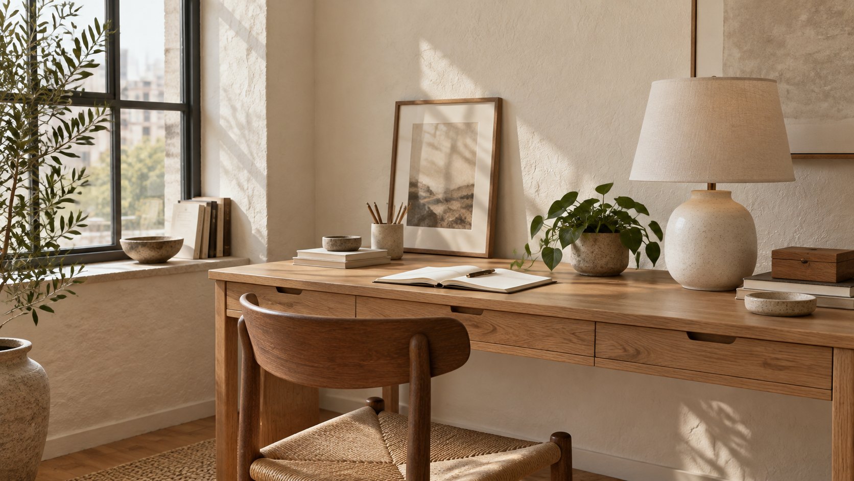 Un bureau près de la fenêtre, en lumière chaude.