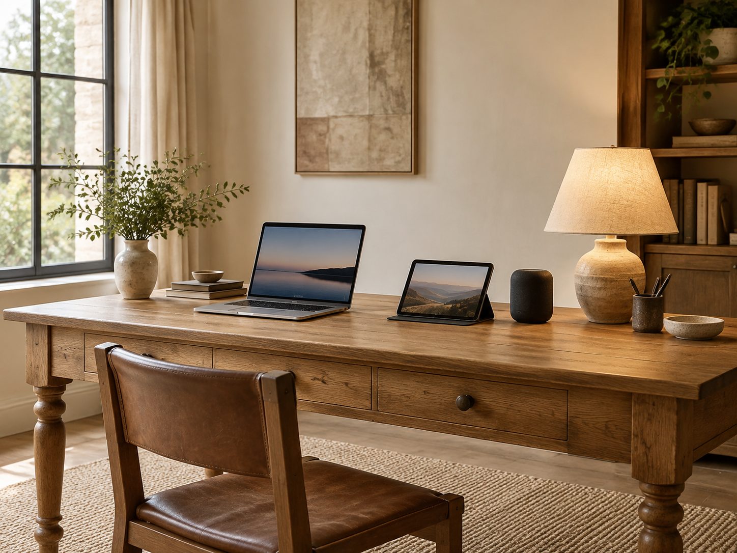Een laptop, tablet en speaker op een eiken bureau.