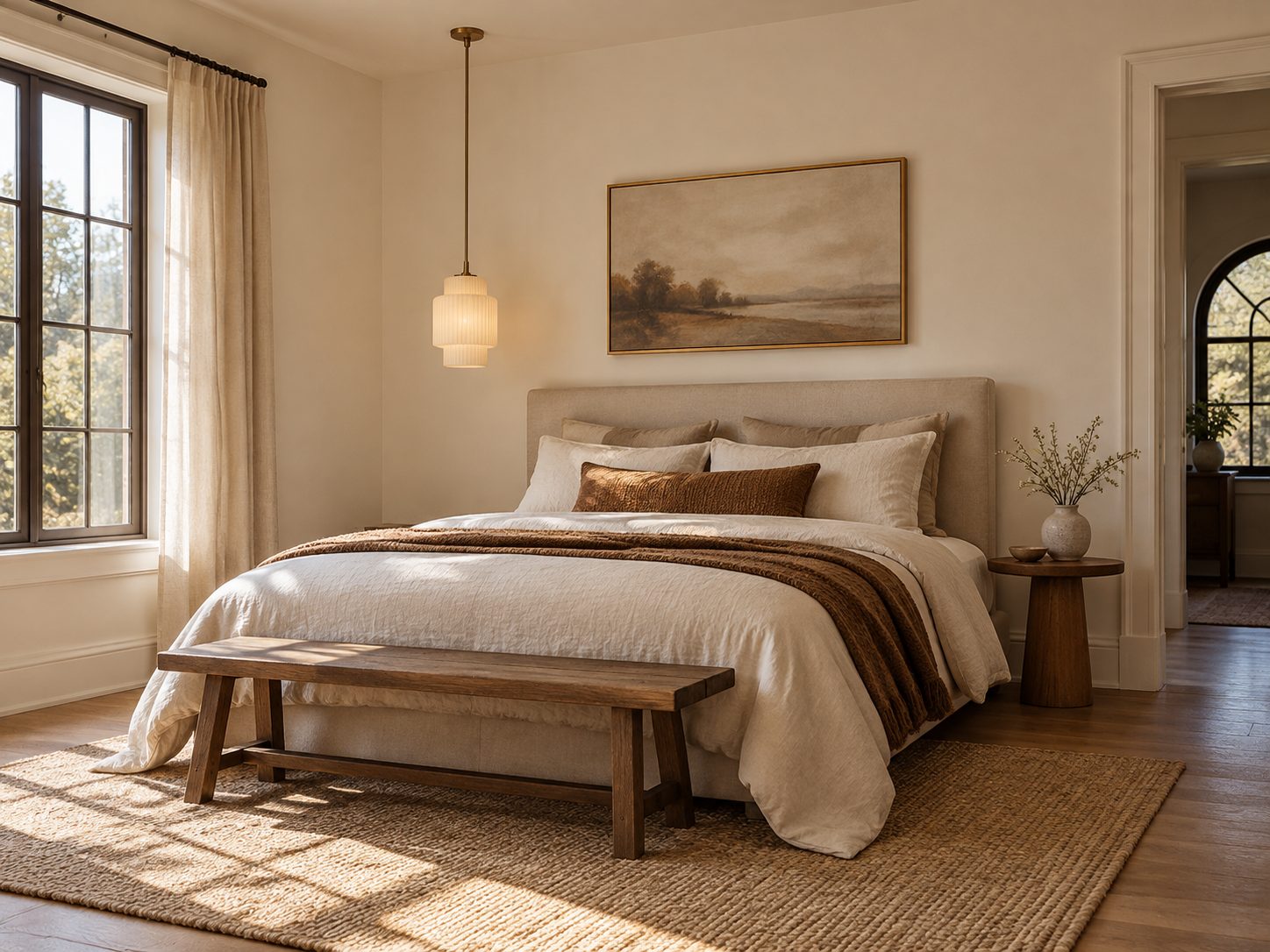 Linnen beddengoed en een hanglamp in een rustige slaapkamer.