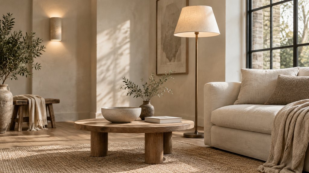 A warm daylight loft corner with a floor lamp, oak table, and linen sofa.