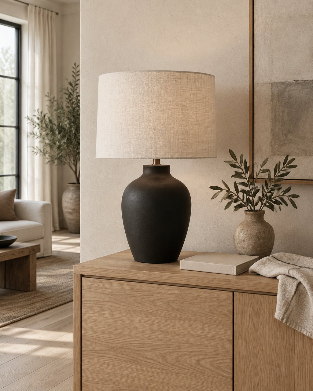A black ceramic lamp on an oak sideboard in warm daylight.