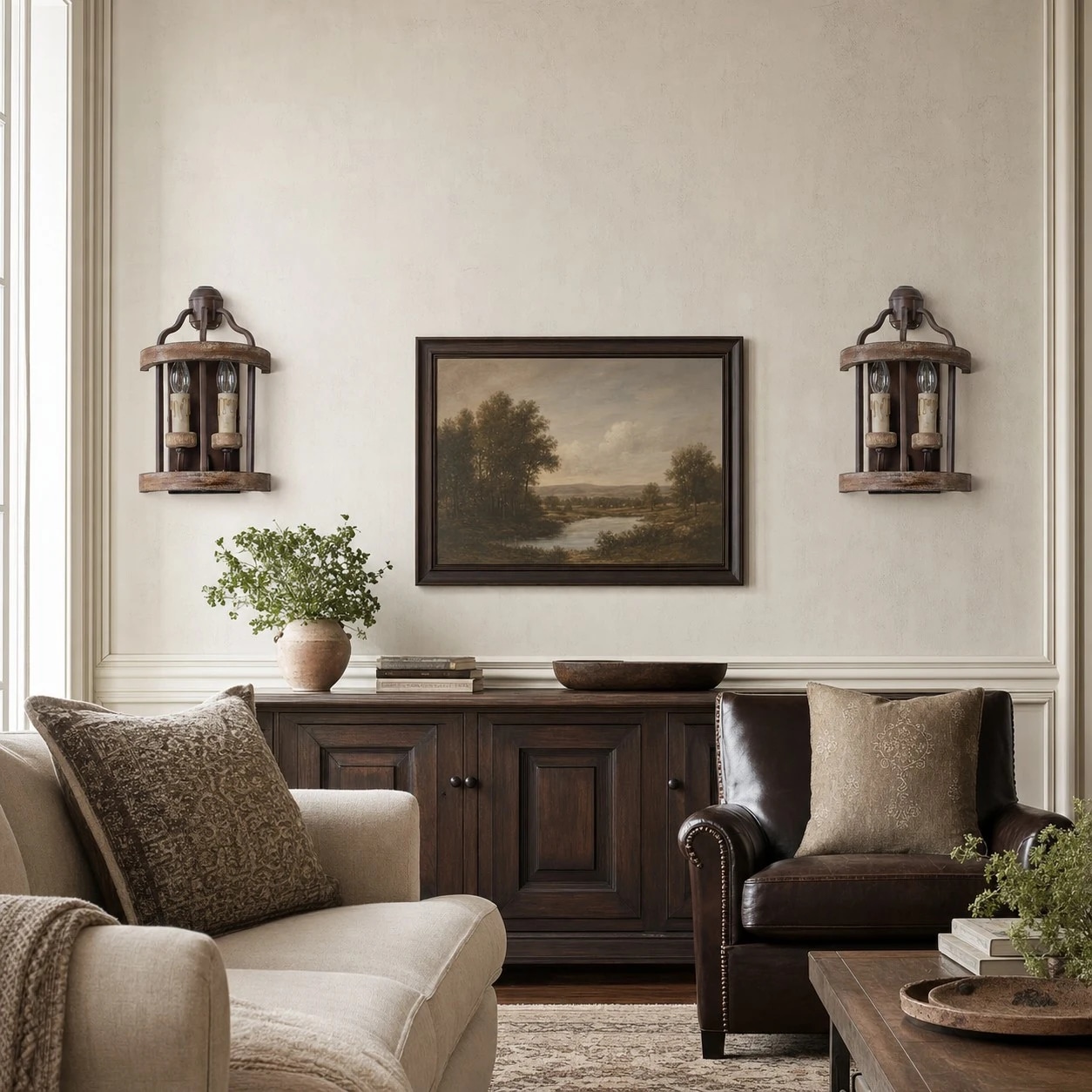 Rustic wall sconces in a living room wall setting